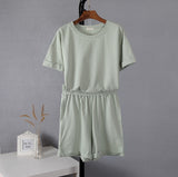 Christmas Gift Hirsionsan Summer Cotton Sets Women Casual Two Pieces Short Sleeve T Shirts and High Waist Short Pants Solid Outfits Tracksuit
