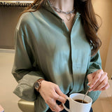 Kukombo Oversized Blouse Women Single Breasted Long Sleeve Solid Color Casual OL Satin Shirts Plus Size Tops Blusas Mujer 3a326
