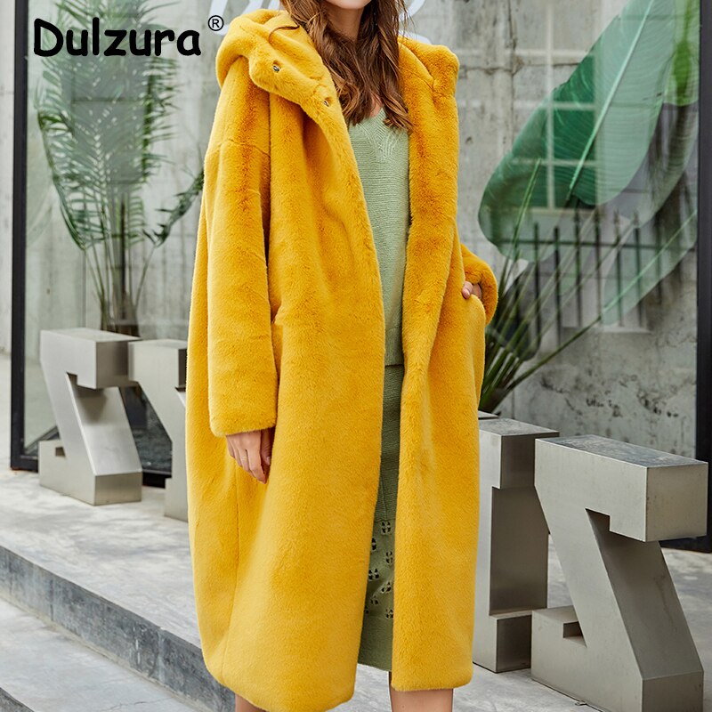 Christmas Gift Fashion Macaron Color X-Long Faux Mink Fur Coat Women Winter Warm Single Breasted Hooded Jacket Coats Casual Soft Overcoat Femme