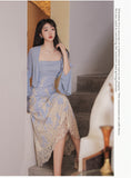 Kukombo High Sense Women Two Piece Set Blue Long Sleeved Chic Slit Gentle Blouse+Sexy Hollow Back Square Collar Print Lace Sling Dress