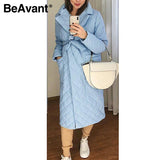 Kukombo Long straight coat with rhombus pattern Casual sashes women winter parka Deep pockets tailored collar stylish outerwear