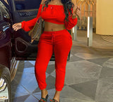 Kukombo Women Slash Neck Crop Top and Drawstring Long Pants Set Casual Two Piece Tracksuits