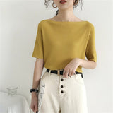 Kukombo New 2022 Women Summer T-Shirts Solid Multi 6 Colors Bottoming Casual Slash Neck Knitting Elasticity Wild Tops T1608