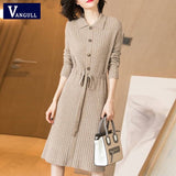 Christmas Gift Women Knitted Dresses Solid Female Long Sleeve Dress 2021 New Autumn Winter Turn-down Collar Button Solid Slim Dresses
