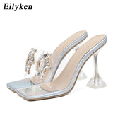 Christmas Gift Eilyken PVC Transparent Crystal Sun Flowers Buckle Womens Slippers Summer Square Toe Ladies Strange High Heels Sandals Shoes
