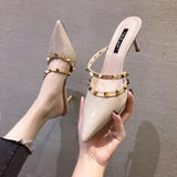 Kukombo 2022 Women Rivets Shoes Summer Mules Slippers High Heels Sandals Rivets Pointed Toe Thin Heels Outside Slippers Talon Femme