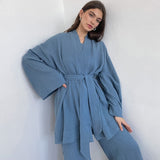 Kukombo Cotton Women's Nightgown 2 Pieces Set Drop Sleeves Robe Trouser Suits Flare Female Pajamas Summer Bathrobe For Woman 2022