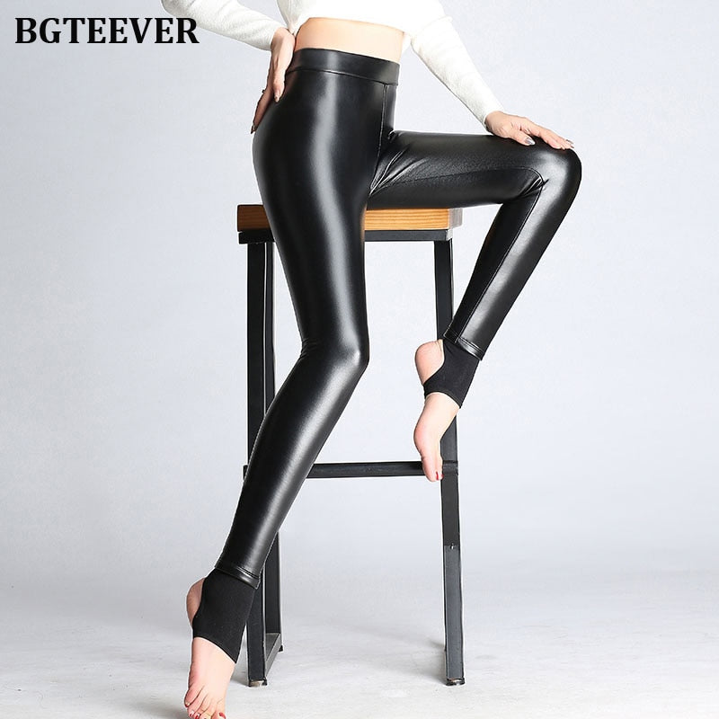 Christmas Gift BGTEEVER Spring Autumn Winter Soft PU Leather Pant Women Velvet Pants Warm Stretch Skinny Trousers Pencil Leather Leggings
