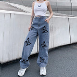 Kukombo Streetwear Print Straight Baggy Jeans Casual Vintage Long Denim Pants Ladies High Waist Jeans Mom Capri