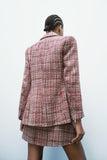 Kukombo Women Fashion Texture Double Breasted Woolen Check Blazer Coat Vintage Long Sleeve Pockets Female Outerwear Chic Veste