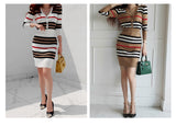 Graduation Gift Big Sale  New Autumn 2 Piece Suit Ladies Winter Knitting Striped Korea Long Sleeve V Neck Tops and Mini Skirt Sexy Set for Women Clothing