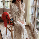 Christmas Gift BGTEEVER Vintage V-neck Buttons Lace-up Female Chiffon Dress Full Sleeve Midi Dress Elegant Casual Floral Print Women Dress 2021