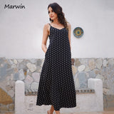 Christmas Gift Marwin Simple Casual Fashion Spaghetti Strap Long Women Dot Printing High Street Holiday Style Mid-Calf Pockets Dresses Vestidos