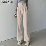 Christmas Gift BGTEEVER Fashion Women Corduroy Long Pant High Waist Double Button Loose Female Straight Leg Trousers Casual Pantalon Femme 2021