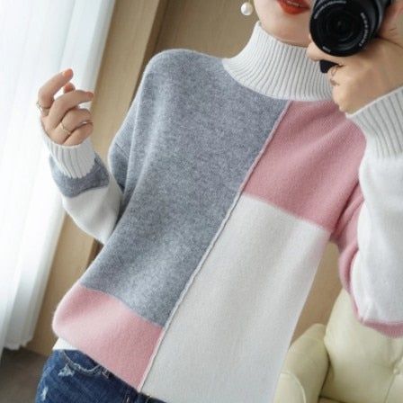 Kukombo New Cashmere Sweater Women's High-Neck Color Matching Pure Wool Pullover Fashion Plus Size Warm Knitted Bottoming Shirt