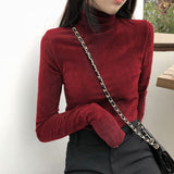 Kukombo Women's Soft Fleece Turtleneck Shirt Solid Long Sleeve Velvet T-Shirt Autumn Fitness Vintage Girls Bottom Tops Women Clothing