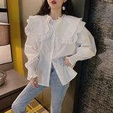 Kukombo Women Shirts Lovely Vintage White Female Sweet Leisure Lantern Sleeve Students Ruffle Tops Mujer Blusas Chemisier Fashion New