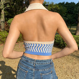 Kukombo Streetwear Fashion Striped Halter Knitted Vest For Women Sexy Backless Slim Outfits Female Tank Tops Autumn Ladies