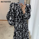 Christmas Gift BGTEEVER Spring Fashion Stand Collar Women Dress Elegant Long Sleeve Loose Female Lace-up Printed Mid-length Dress Vestidos 2021