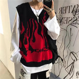 Kukombo Couples Knitted Vest Sweater Autumn Hit Color Flame Sleeveless V Neck Woman's Vests 2022 Loose Waistcoat Chic Oversized Sweaters