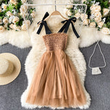 Vintage Strap Fluffy Dress Women Beach Wear Solid Color High-Waist Mesh Fairy Robe Sexy Club Clothing Sundress
