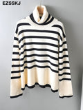 Christmas Gift 2021 striped oversize Turtleneck Sweater for Women female Knitted casual split side Long Sleeve loose sweater