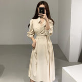 Office Lady Turn-Down Collar Ruched Sleeve A-Line Dress Women Solid Bandage Waist Female Dress Spring Vestidos Femme