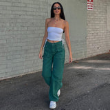Kukombo Vintage Khaki Wide Leg Cargo Jeans High Waist Big Pockets Baggy Denim Trousers Casual Oversized Pants Street Sweatpants