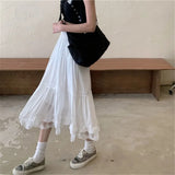High Waist Lace Stitching Ruffle Tulle Pleated Skirt Summer Vintage White Thin Long Skirt 2023 New Women Korean Black Streetwear