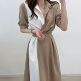 Christmas Gift Sexy Korean Chicc Summer French Lapel Design with Contrast Stitching One Waist Short Sleeve Dress