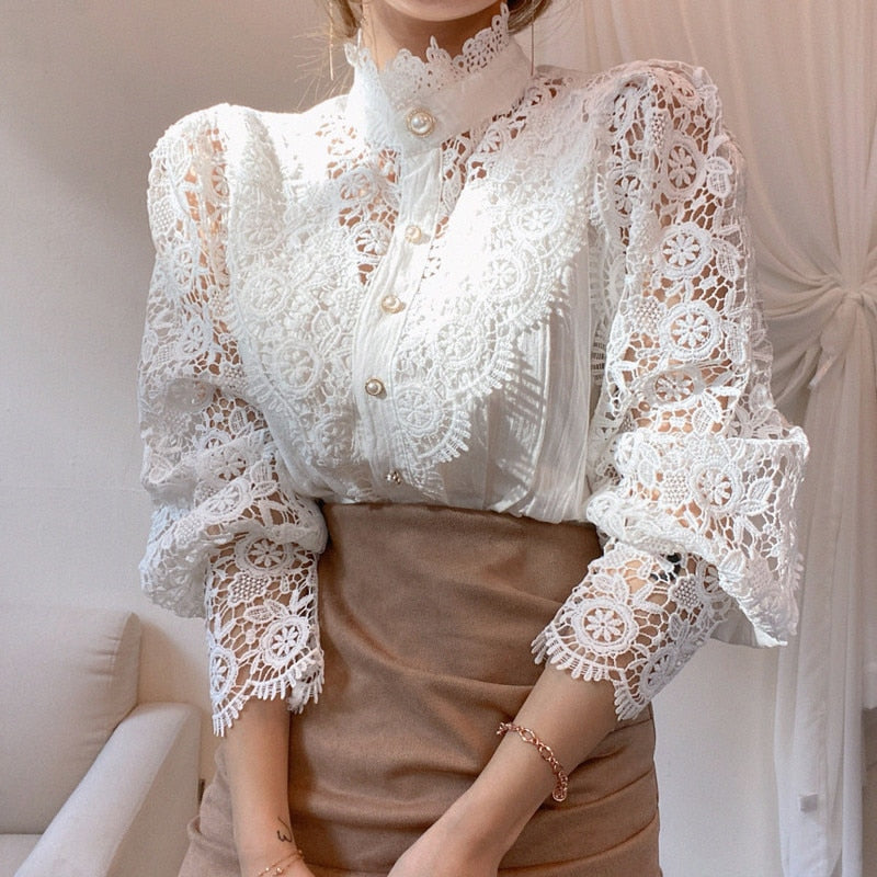 Christmas Gift White Patchwork Shirt Button Hollow Out Tops Korean Chic Lace Blouse Women Flower Stand Collar Blusas Petal Sleeve Blouses 12419