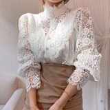 Christmas Gift White Patchwork Shirt Button Hollow Out Tops Korean Chic Lace Blouse Women Flower Stand Collar Blusas Petal Sleeve Blouses 12419