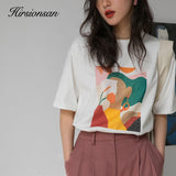 Christmas Gift Hirsionsan Aesthetic Printed T Shirts Women 2021 New Soft Vintage Loose Tees Abstract Graphic Cotton Tshirts Summer Casual Tops