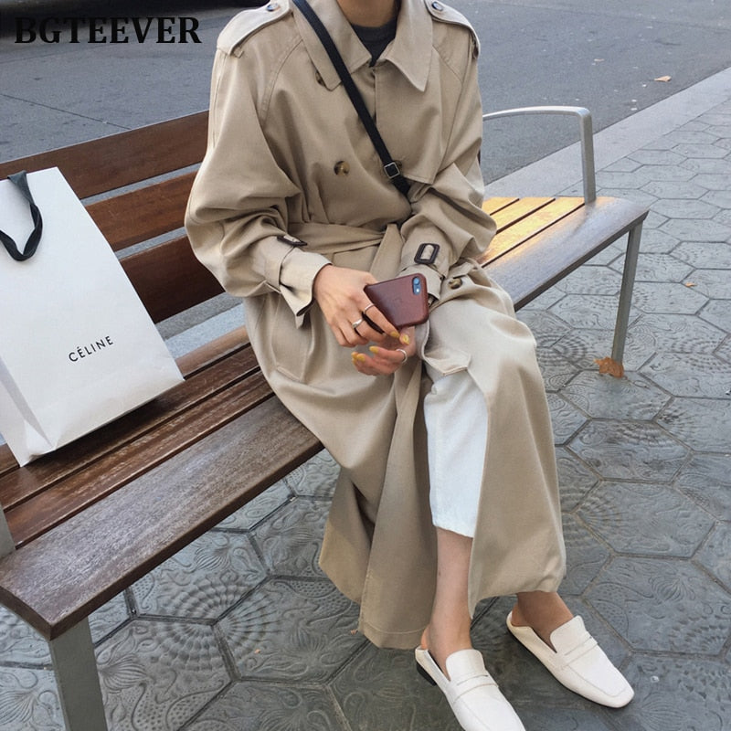 Christmas Gift British Double Breasted Oversized Long Trench Coat Women Windbreaker Fashion Female Turn-down Collar Long Overcoats