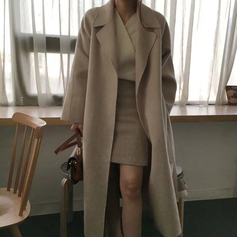 Kukombo Christmas Gift Woman Long Coat Elegant Wool Coat With Belt Solid Color Fashion Long Sleeve Chic Outerwear Autumn Winter Women Thick Overcoat-A