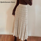 Kukombo Autumn Winter Wrinkled Black Pleated Skirt Women 2021 Korean Style Casual High Waisted A-Line Knitted Skirts Long falda plisada