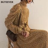 Christmas Gift BGTEEVER Vintage Stand Collar Ruched Sleeve A-line Dress Women Floral Print Elastic Waist Female Dress Spring Vestidos femme 202