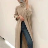 Christmas Gift Korean Knitted Sweater Spring and Autumn Style High Neck Loose Fork Over the Knee Thin and Long Sweater, Bottomed Sweater