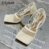 Christmas Gift Eilyken 2022 New Sexy Yellow Mesh Pumps Sandals Female Square Toe high heel Lace Up Cross-tied Stiletto hollow Dress shoes