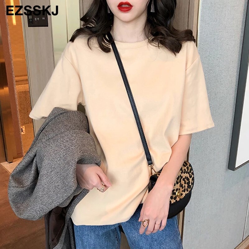 Christmas Gift high quality spring summer Women oversize T-shirt Casual Loose cotton short sleeve long T-shirt big Female Basic Thick Tops