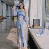 Kukombo  Korean Spring Autumn Sweet High Waist Split Denim Pants Women Elegant Chic Beading Bowknot Boot Cut Pants Vintage Fairy Jeans
