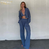 Kukombo 2022 Casual Loose Women Pants Set Fashion Long Sleeve Hoodies With Wide Trousers Suit Elegant High Waist 2 Piece Pants Set