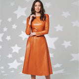 Christmas Gift Fashion Belt Faux Leather Dresses Women Long Sleeve Slim Fit PU Dress Sexy Club Wear New Arrival 2021 Autumn Winter