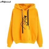 Christmas Gift Women Heart Finger Print Hoodies Winter Casual Warm Fleece Solid Drawstring Hooded Sweatshirts Loose Long Sleeve Pullover Tops