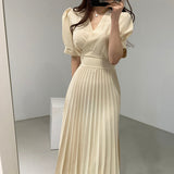 Kukombo High Quality New Women Summer Clothes Elegant V-Neck Slim Office Lady Casual A-Line Bandge Pleated Dress Vestidos