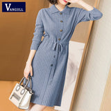 Christmas Gift Women Knitted Dresses Solid Female Long Sleeve Dress 2021 New Autumn Winter Turn-down Collar Button Solid Slim Dresses