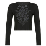 Kukombo Goth Dark Casual Vintage Printing Women T-Shirts Grunge E-Girl Long Sleeve Punk Cropped Tops Bodycon Ribbed Autumn Tees