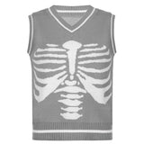 Kukombo Autumn V-Neck Sweater Vest Sternum Skull Printed Knitted Vest Skeleton Loose Casual Sleeveless Top Preppy Style Tops Women