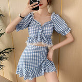 Kukombo Women's Swimwear 2022 Summer Suit 2 Piece Swimsuit with Skirt Ruffles Plaid Print High Waisted Bikini Set Bathing Suit Beachwear