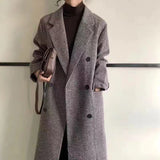 Christmas Gift Woman Long Coat Plaid Striped Woolen Coat Korean Preppy Style Streetwear Commuter Oversize Winter Warmth Women Windbreaker Coat